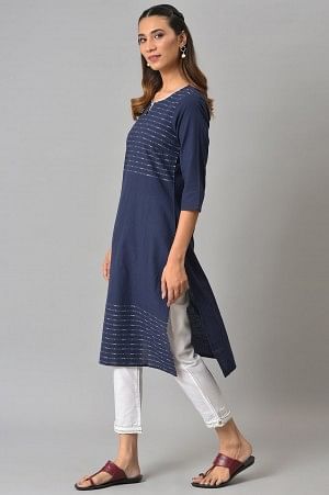 Dark Blue Cotton Dobby kurta With White Trousers