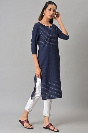 Dark Blue Cotton Dobby kurta With White Trousers