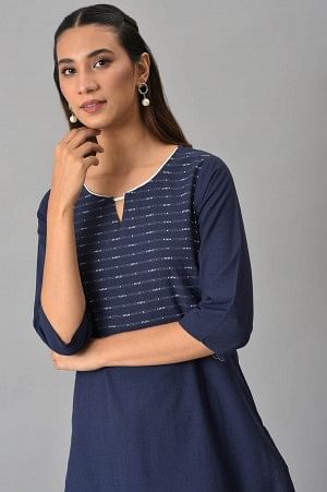 Dark Blue Cotton Dobby kurta With White Trousers