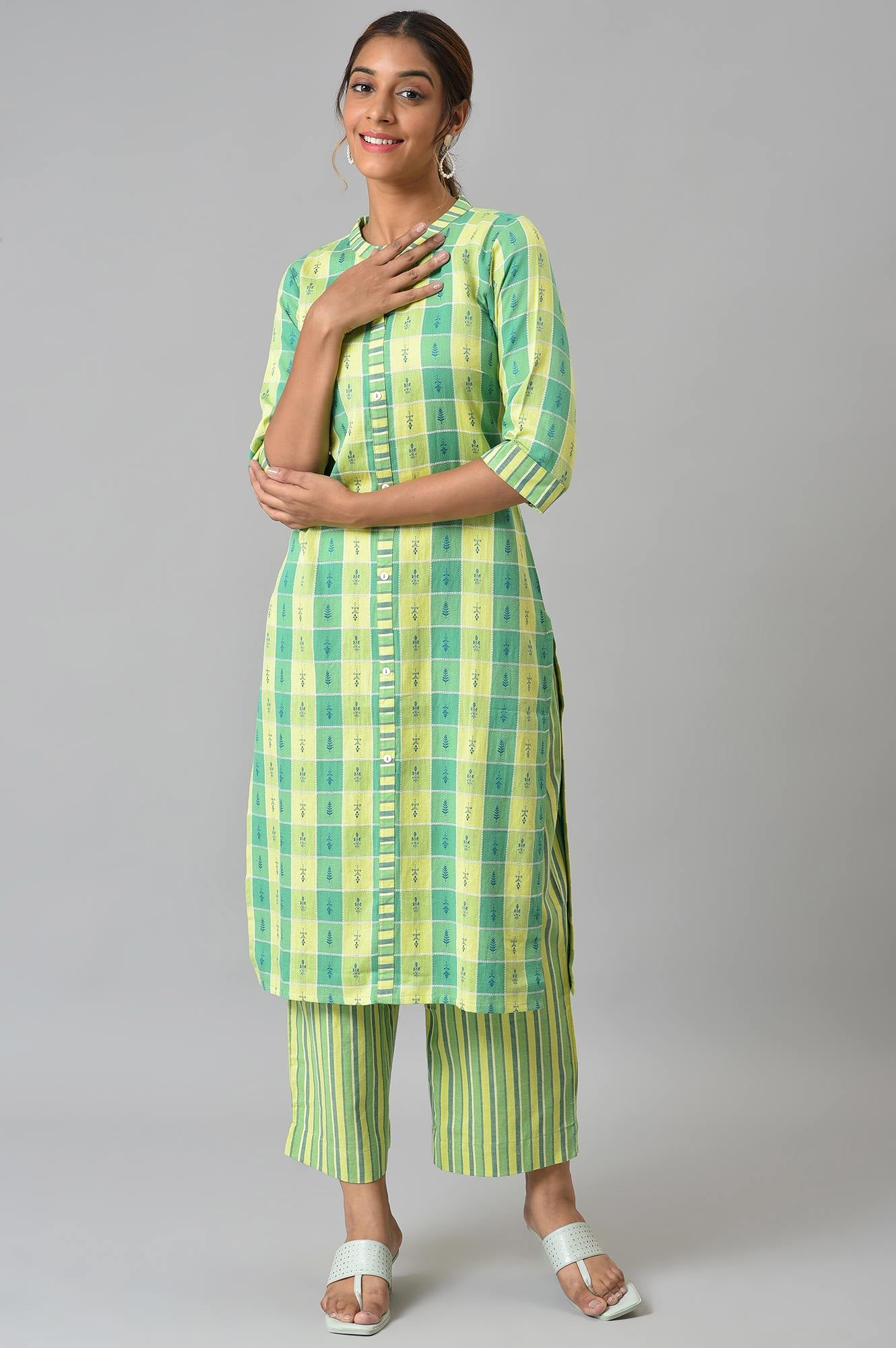 Green Yarn-Dyed kurta With Straight Palazzo