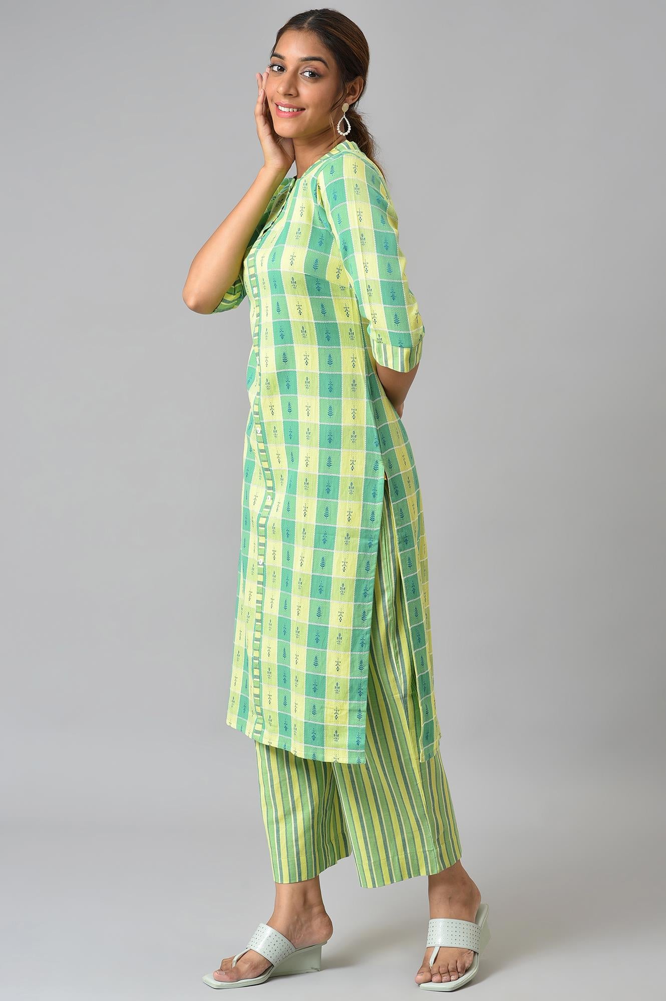 Green Yarn-Dyed kurta With Straight Palazzo