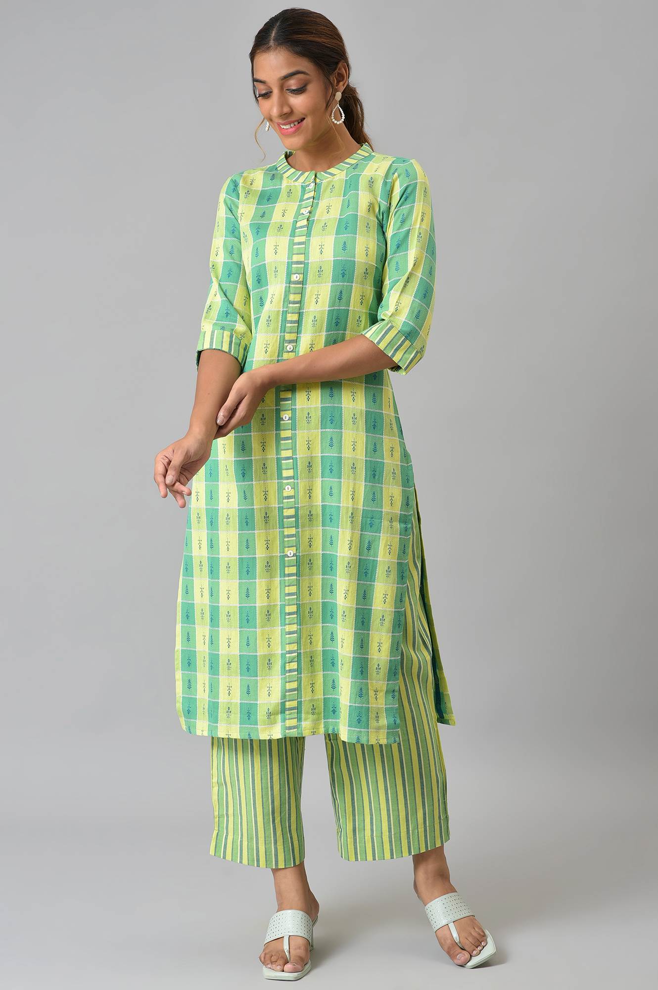 Green Yarn-Dyed kurta With Straight Palazzo