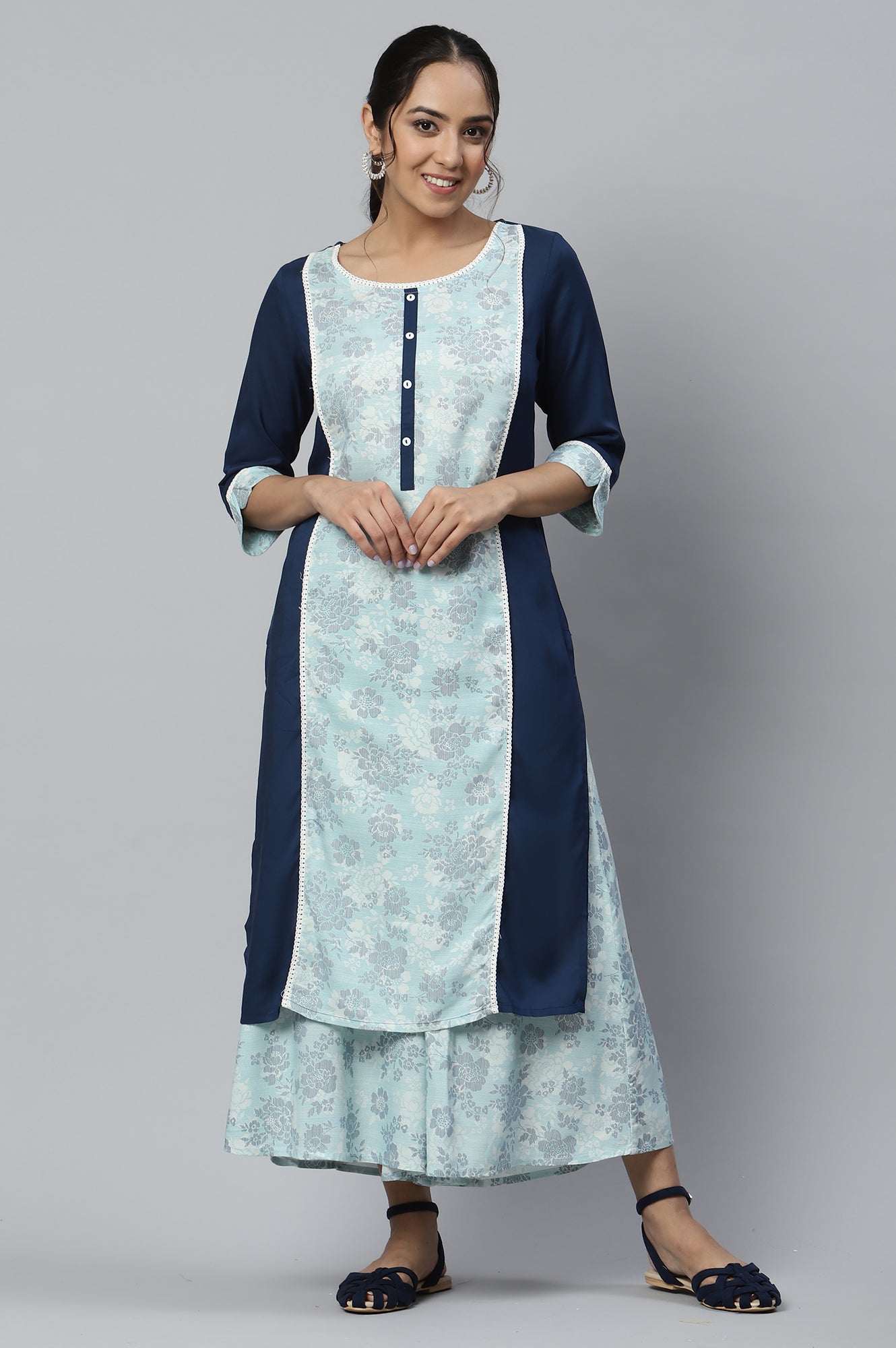 Blue Ethnic Rayon kurta and Flared Culottes Set