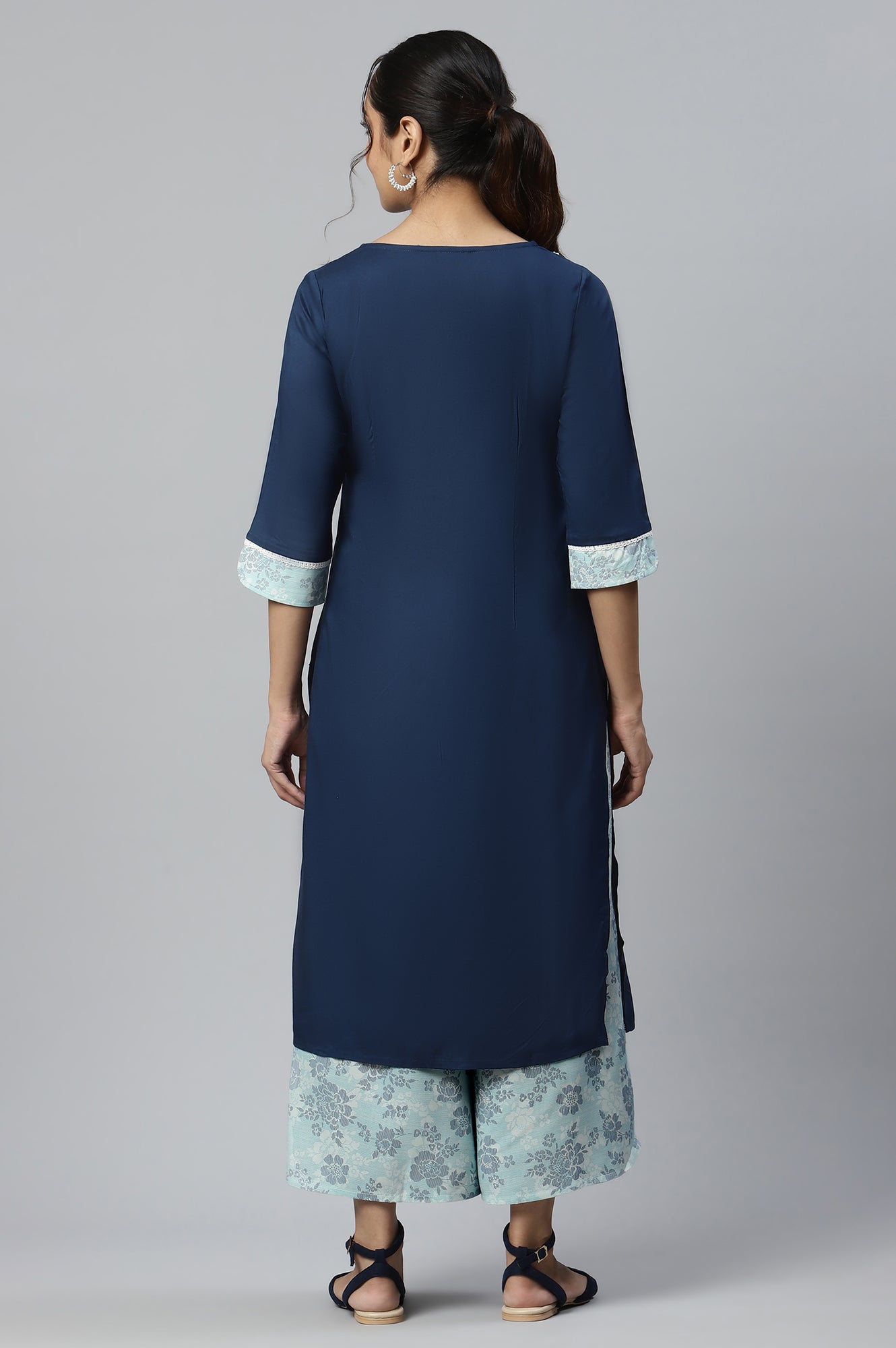 Blue Ethnic Rayon kurta and Flared Culottes Set