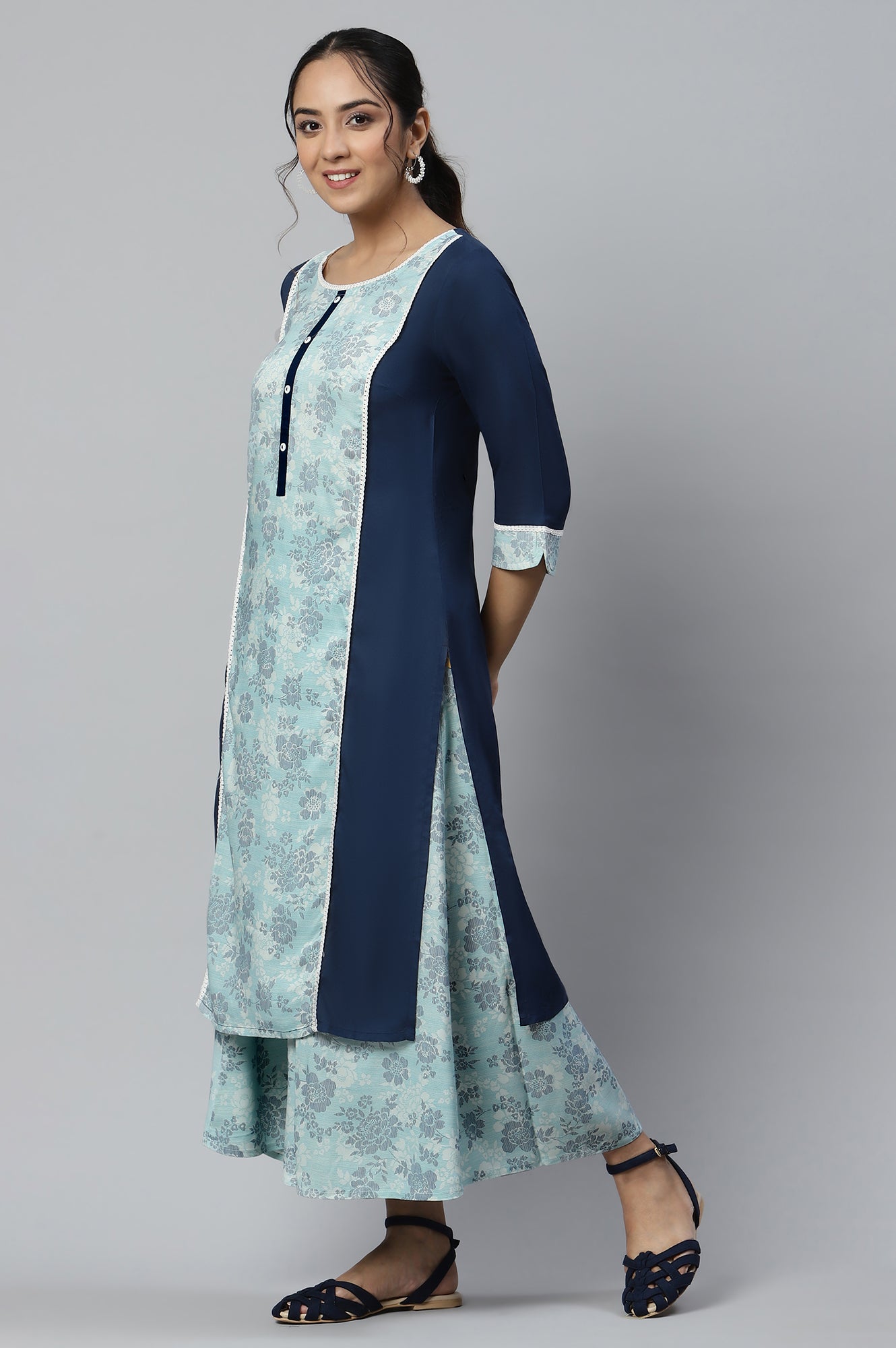 Blue Ethnic Rayon kurta and Flared Culottes Set