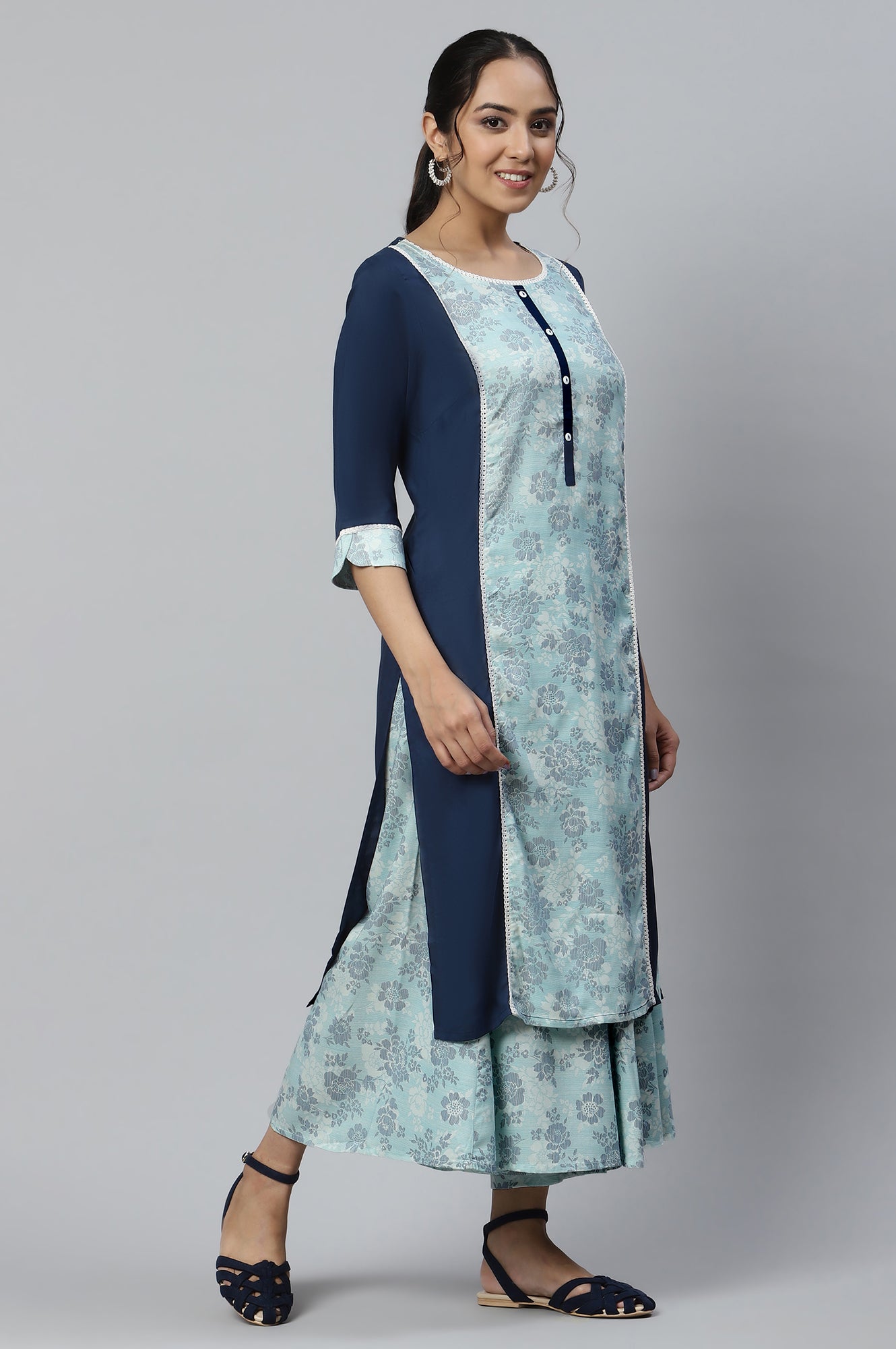 Blue Ethnic Rayon kurta and Flared Culottes Set