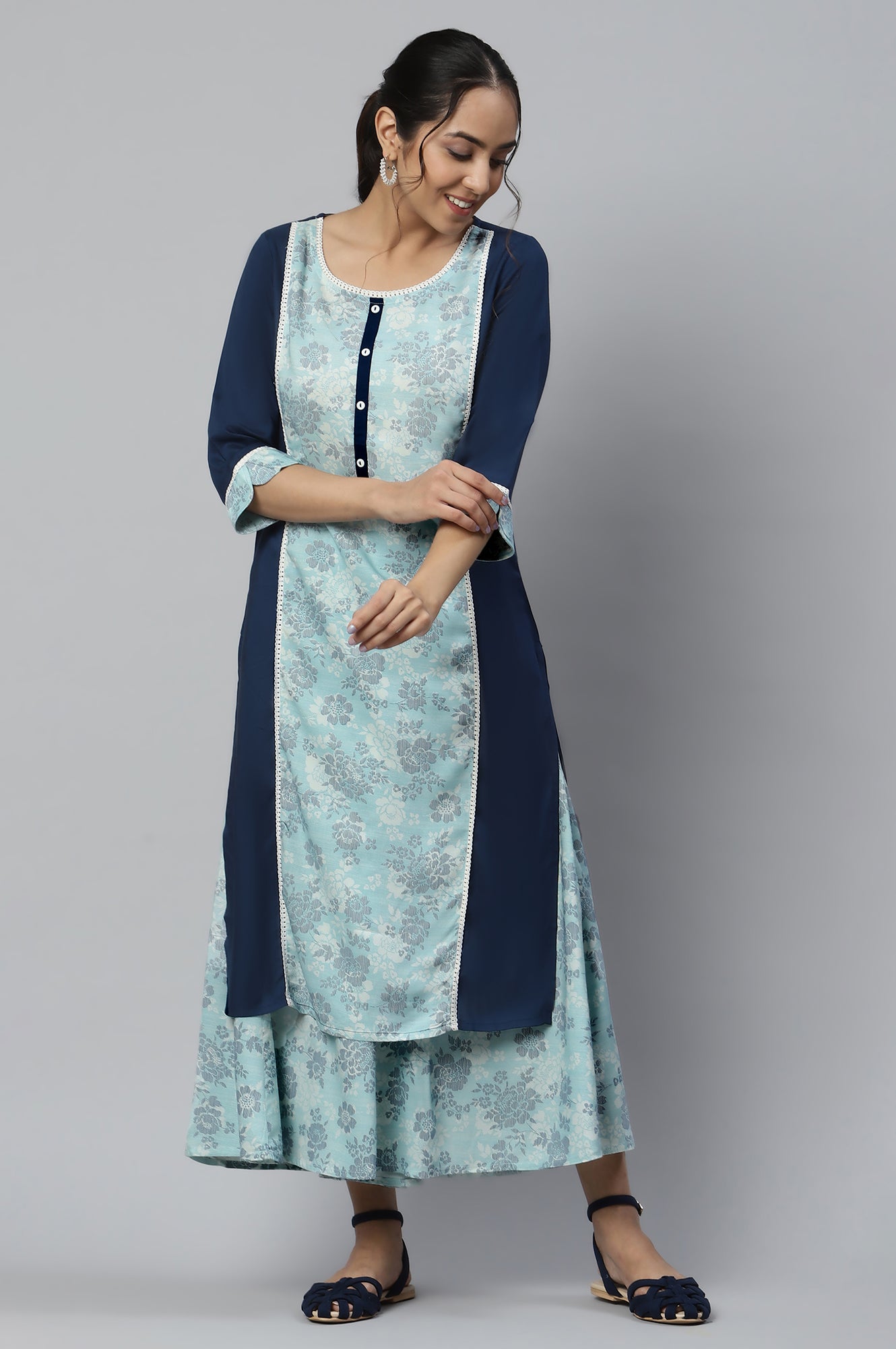 Liva Blue Ethnic Rayon Kurta And Flared Culottes Set