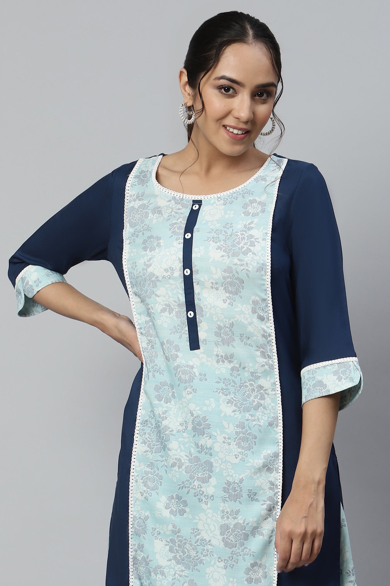 Liva Blue Ethnic Rayon Kurta And Flared Culottes Set