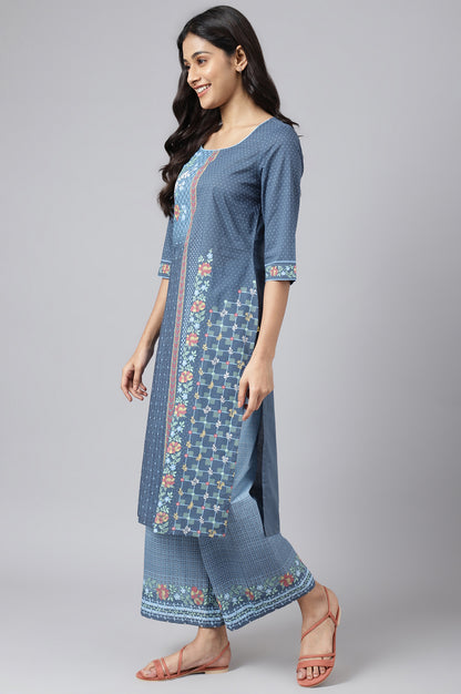 Blue Printed kurta with Straight Palazzo and Dupatta