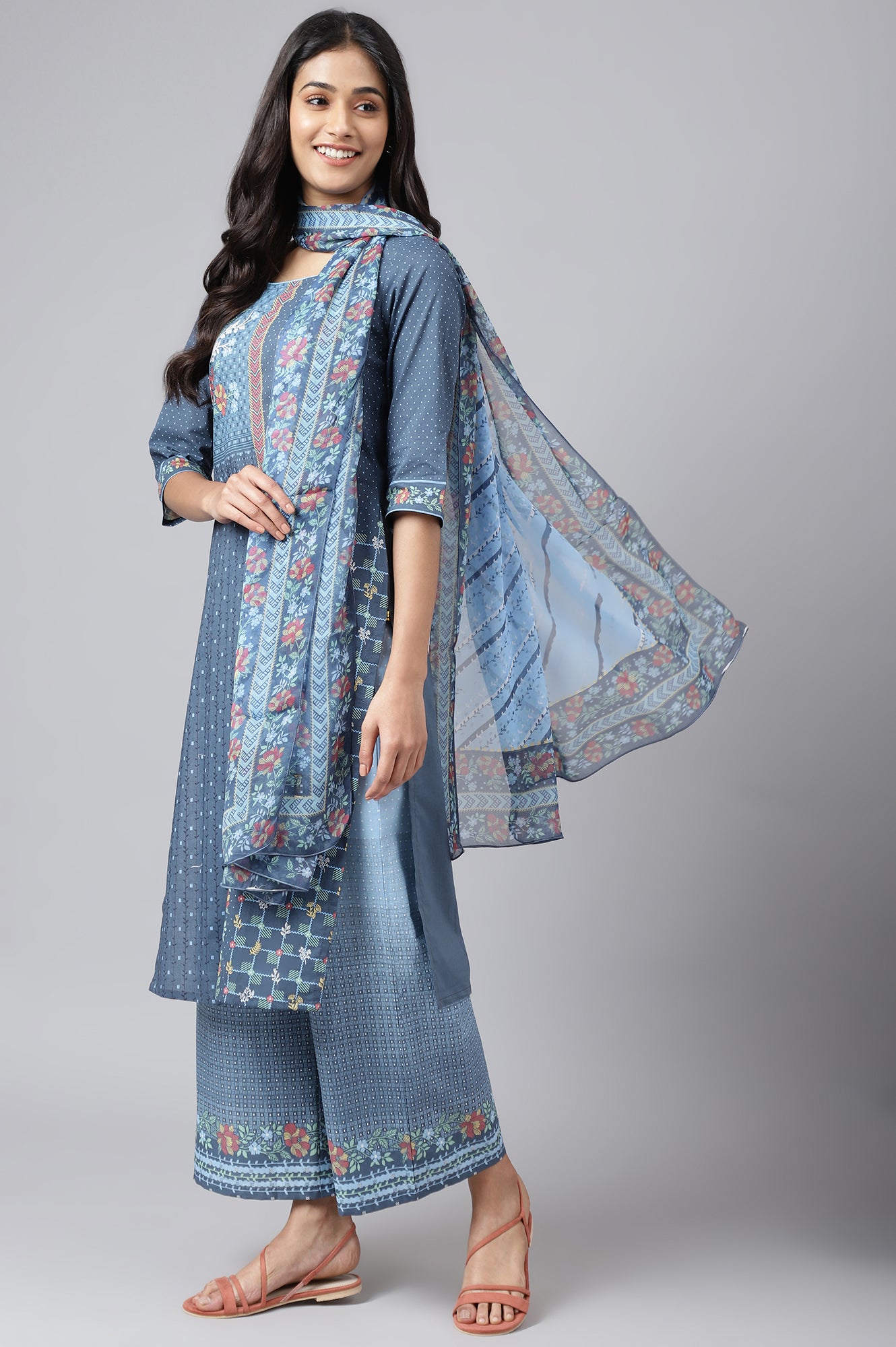 Blue Printed kurta with Straight Palazzo and Dupatta