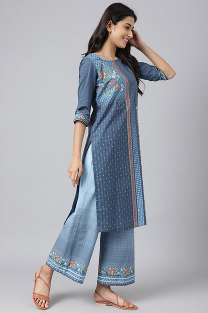 Blue Printed kurta with Straight Palazzo and Dupatta