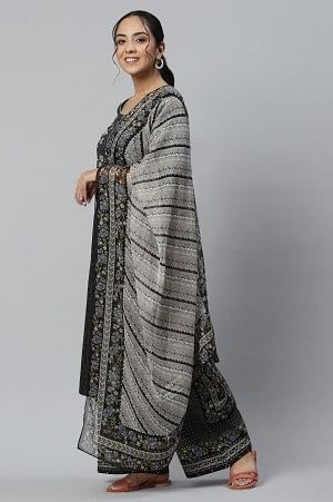 Black Printed kurta with Straight Palazzo and Dupatta