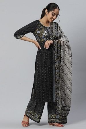 Black Printed kurta with Straight Palazzo and Dupatta