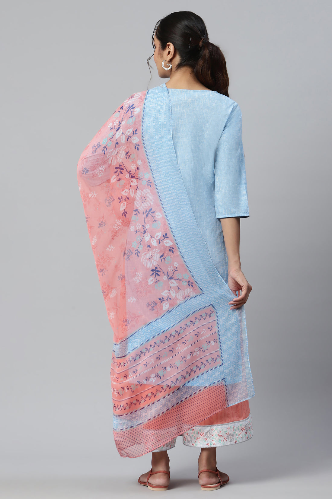 Blue Straight Kurta, Peach Culottes And Dupatta Set