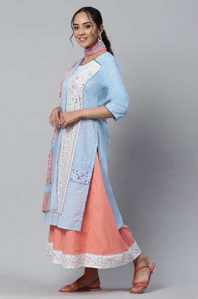 Blue Straight Kurta, Peach Culottes And Dupatta Set