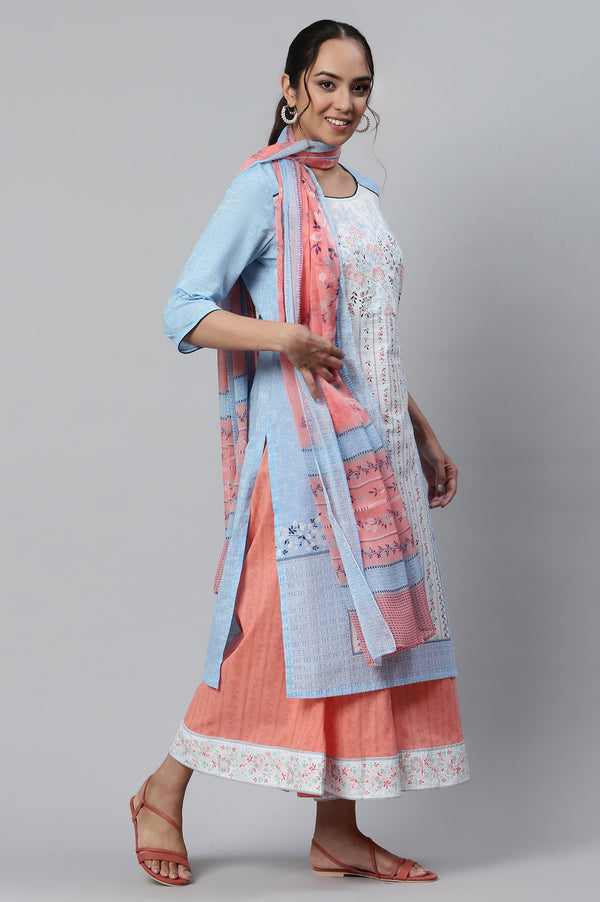 Blue Straight Kurta, Peach Culottes And Dupatta Set