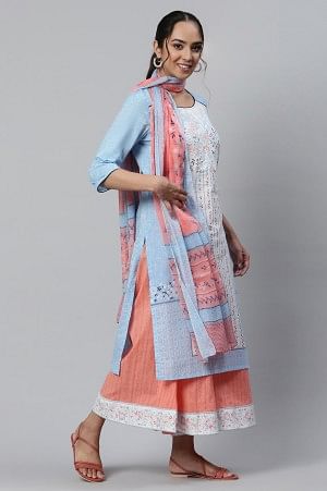 Blue Straight kurta, Peach Culottes and Dupatta Set