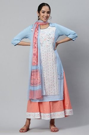 Blue Straight kurta, Peach Culottes and Dupatta Set