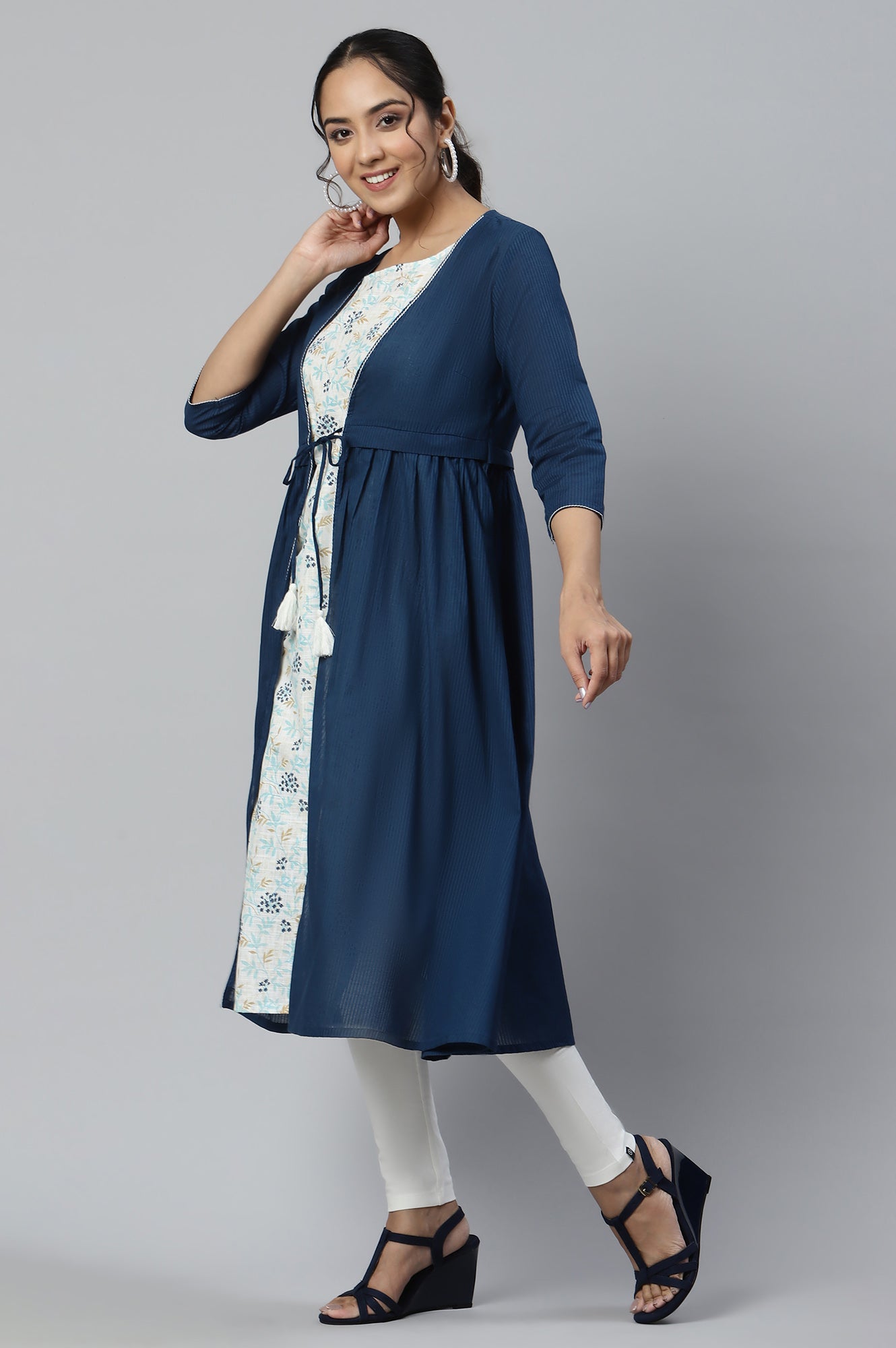 Blue Flared Gilet With Noodle Strap Kurta