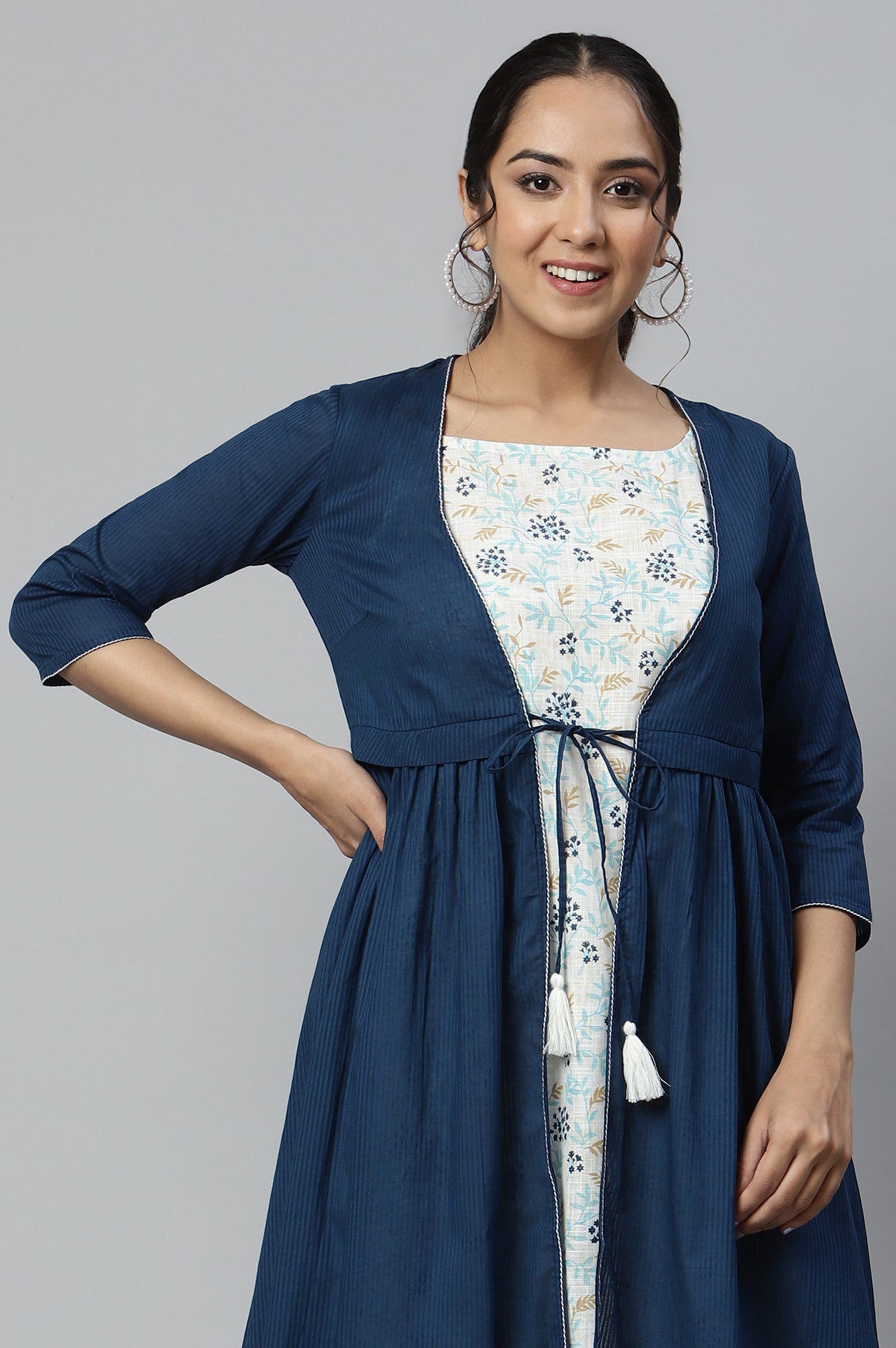 Blue Flared Gilet With Noodle Strap Kurta