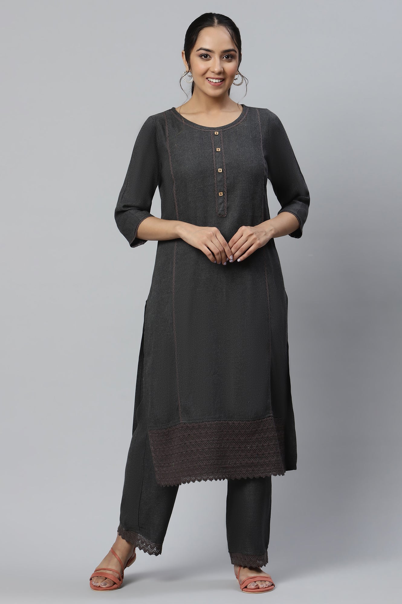 Grey Round Neck Straight kurta and Palazzo Co-ord Set