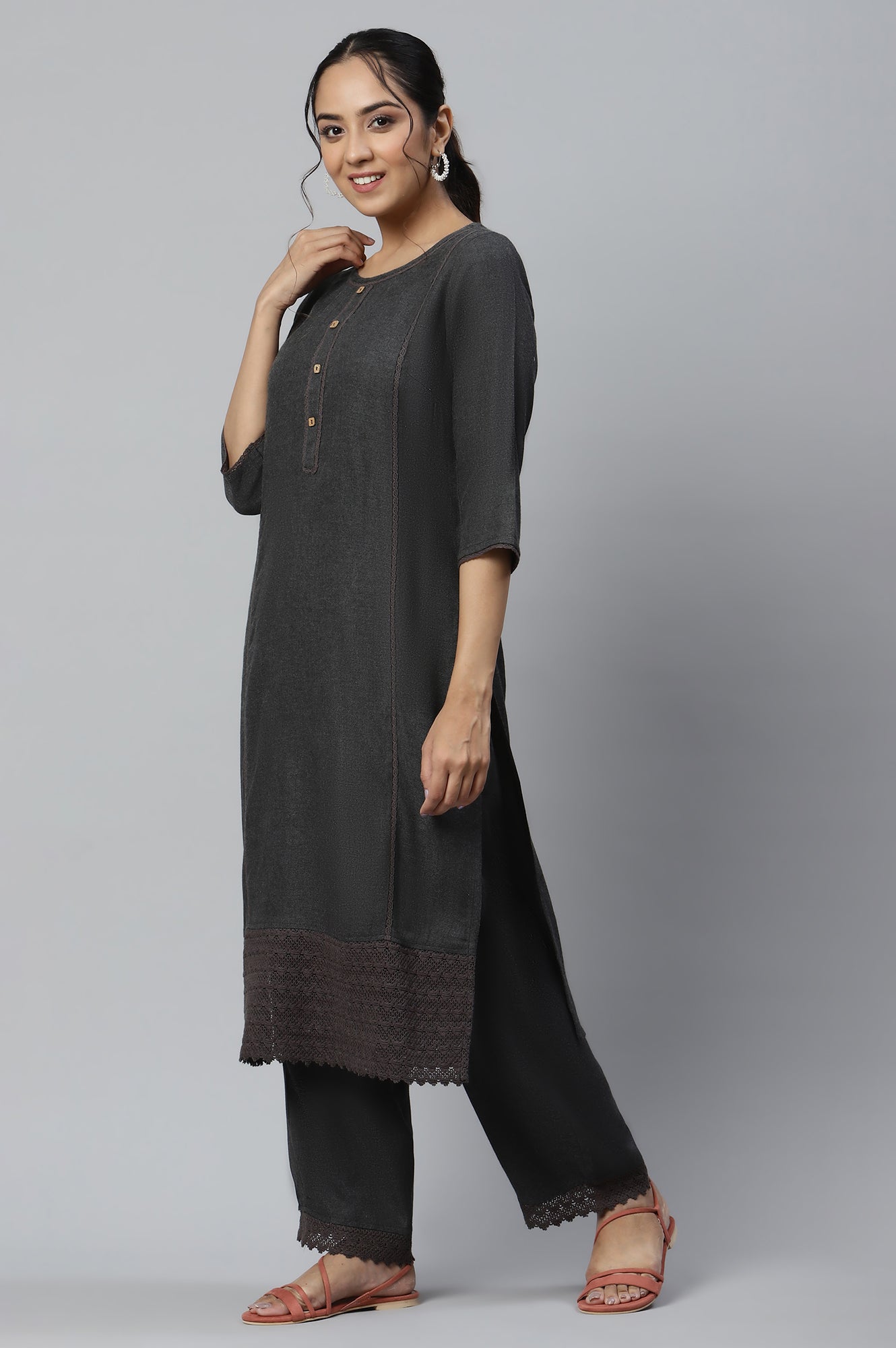 Grey Round Neck Straight kurta and Palazzo Co-ord Set