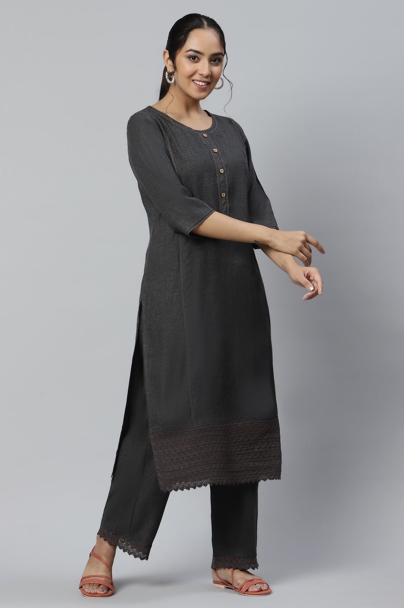 Grey Round Neck Straight kurta and Palazzo Co-ord Set