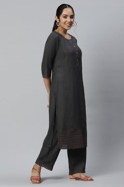 Grey Round Neck Straight kurta and Palazzo Co-ord Set
