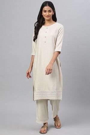 Biege Solid kurta with Straight Palazzo - XS
