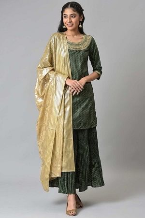 Green Embroidered kurta with Flared Skirt and Golden Dupatta