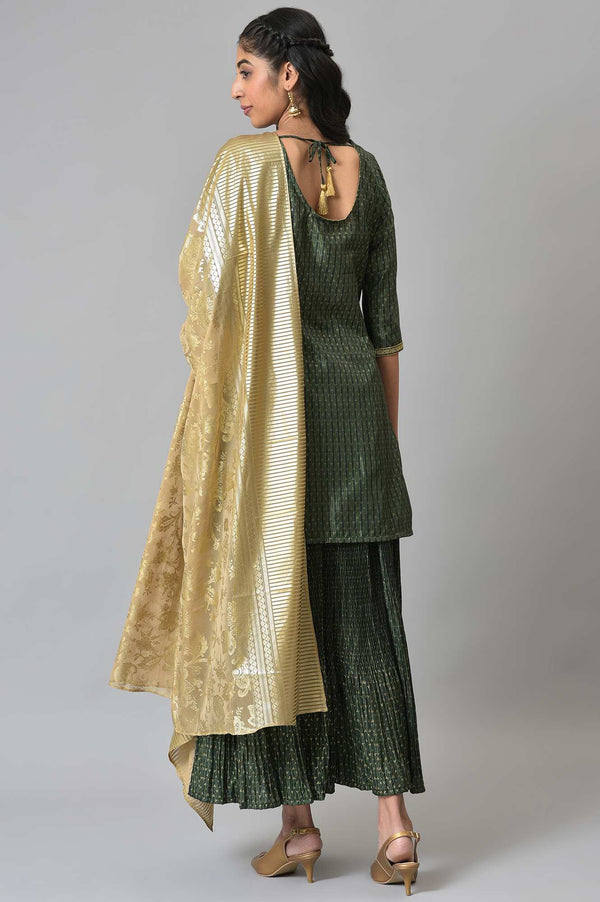 Green Embroidered kurta with Flared Skirt and Golden Dupatta