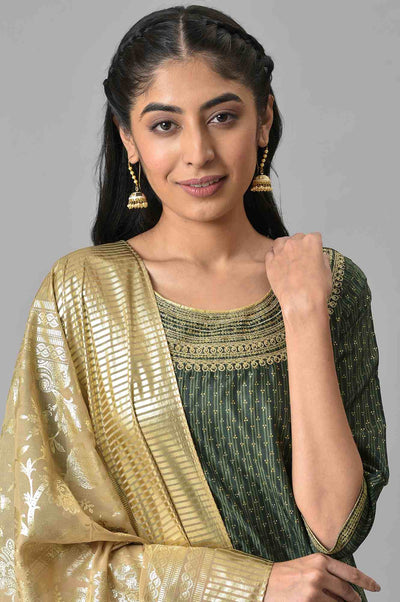 Green Embroidered kurta with Flared Skirt and Golden Dupatta