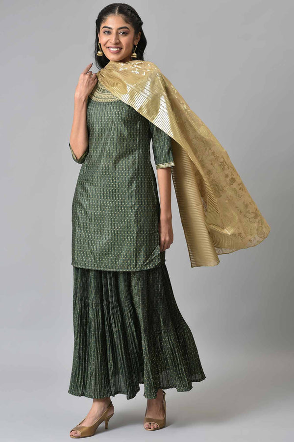 Green Embroidered kurta with Flared Skirt and Golden Dupatta