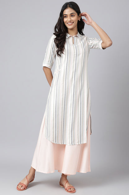 Off-white Yarn-Dyed Stripe kurta with Light Pink Culottes