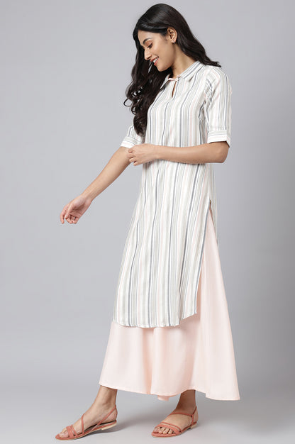 Off-white Yarn-Dyed Stripe kurta with Light Pink Culottes