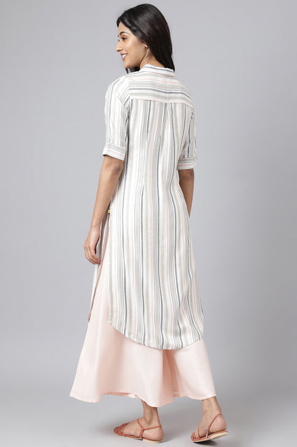 Off-white Yarn-Dyed Stripe kurta with Light Pink Culottes