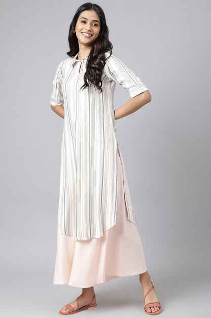 Off-white Yarn-Dyed Stripe kurta with Light Pink Culottes