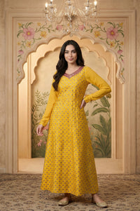Yellow Zari Embroidered Dress with Pink Embroidered Dupatta