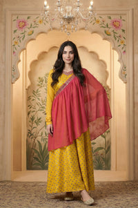 Yellow Zari Embroidered Dress with Pink Embroidered Dupatta