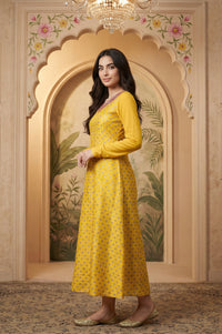 Yellow Zari Embroidered Dress with Pink Embroidered Dupatta