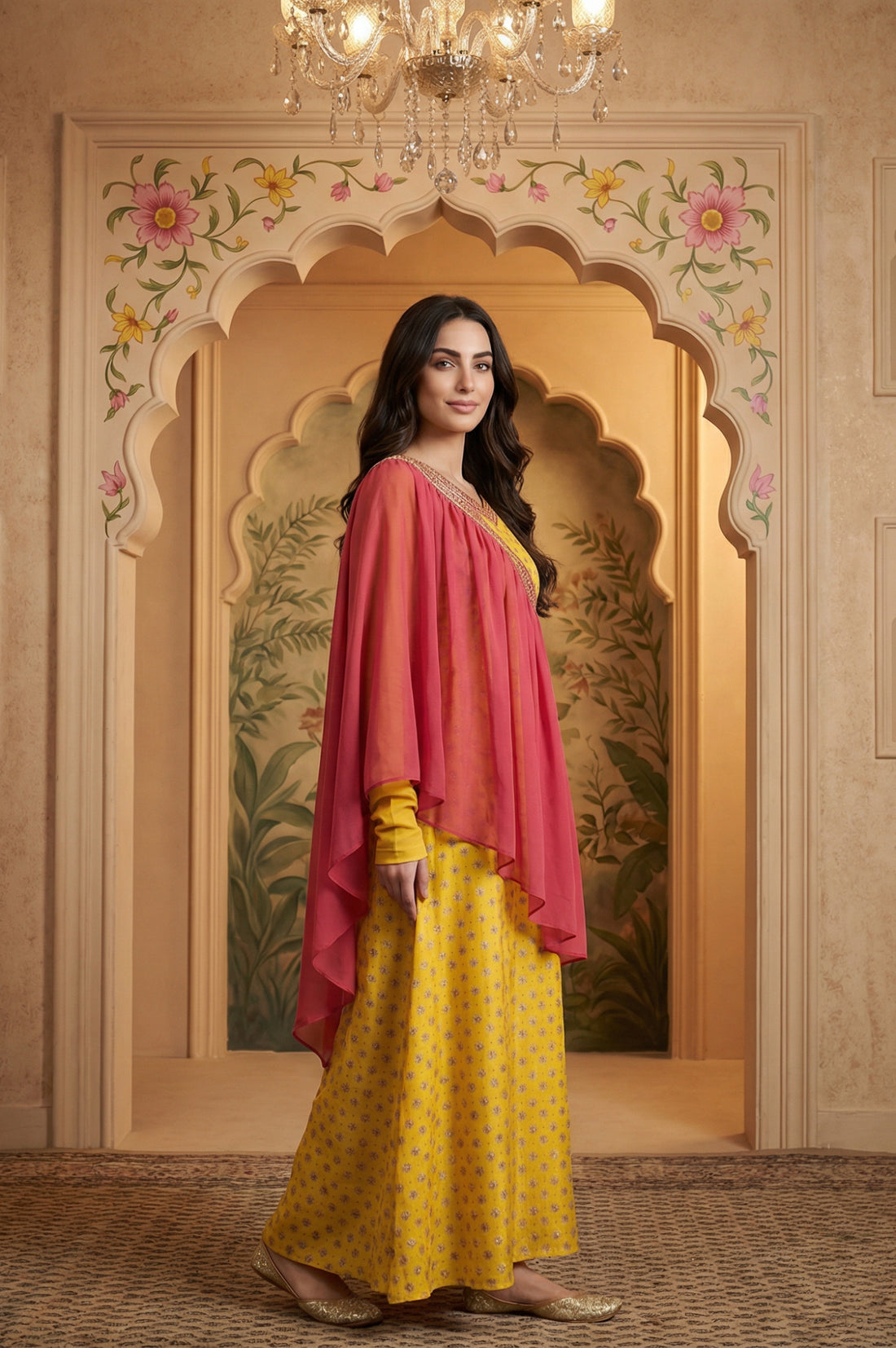 Yellow Zari Embroidered Dress with Pink Embroidered Dupatta