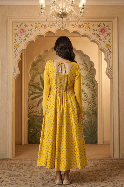 Yellow Zari Embroidered Dress with Pink Embroidered Dupatta