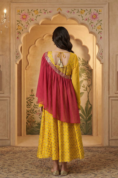 Yellow Zari Embroidered Dress with Pink Embroidered Dupatta