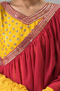 Yellow Zari Embroidered Dress with Pink Embroidered Dupatta