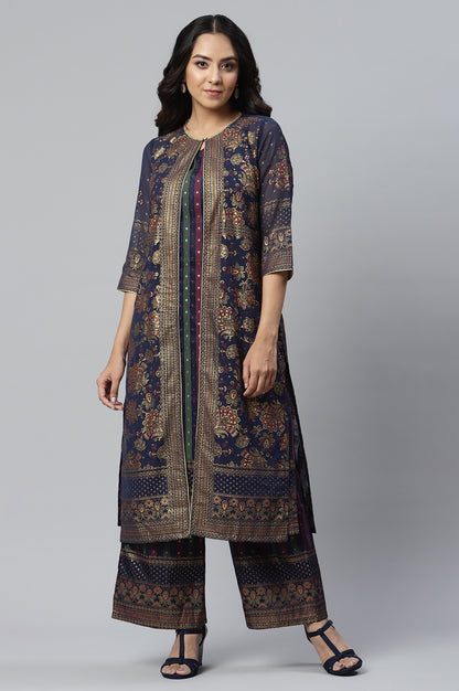 Dark Blue Printed Gillet with Sleeveless kurta and Parallel Pants