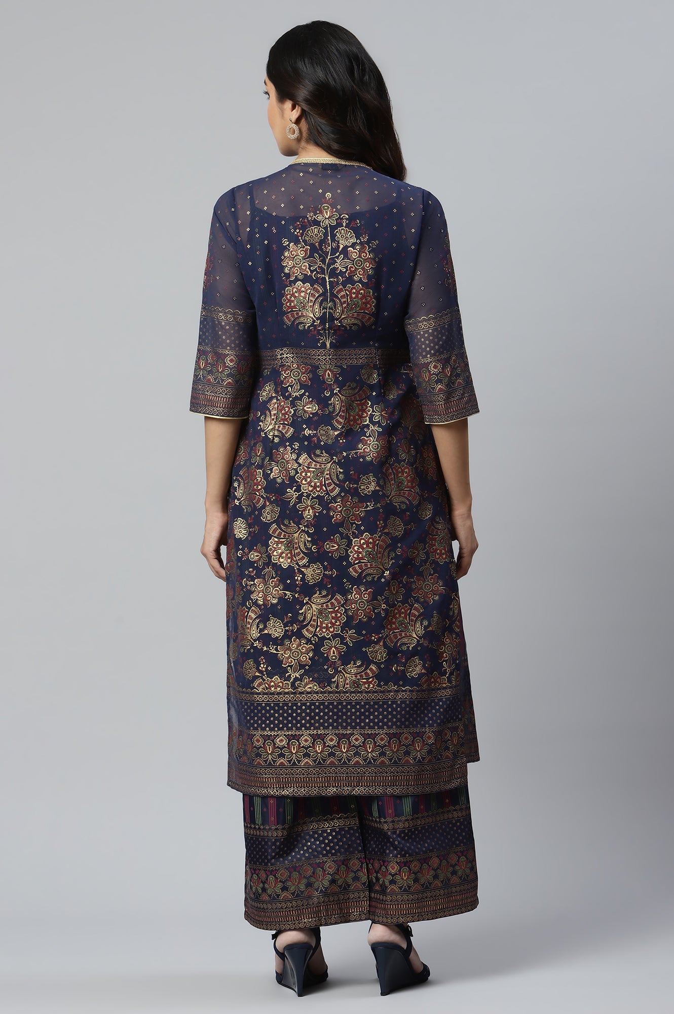 Dark Blue Printed Gillet with Sleeveless kurta and Parallel Pants