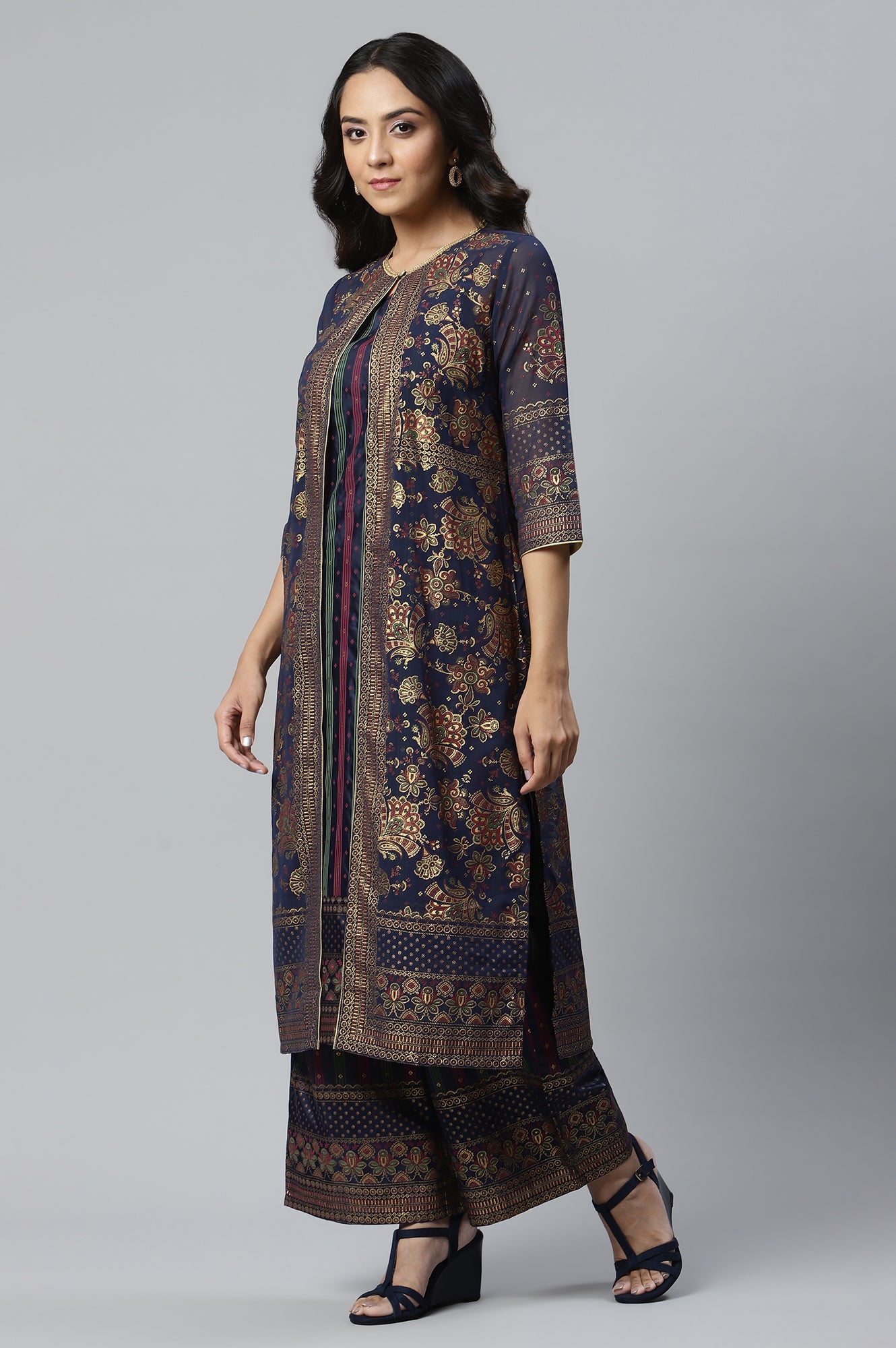 Dark Blue Printed Gillet with Sleeveless kurta and Parallel Pants