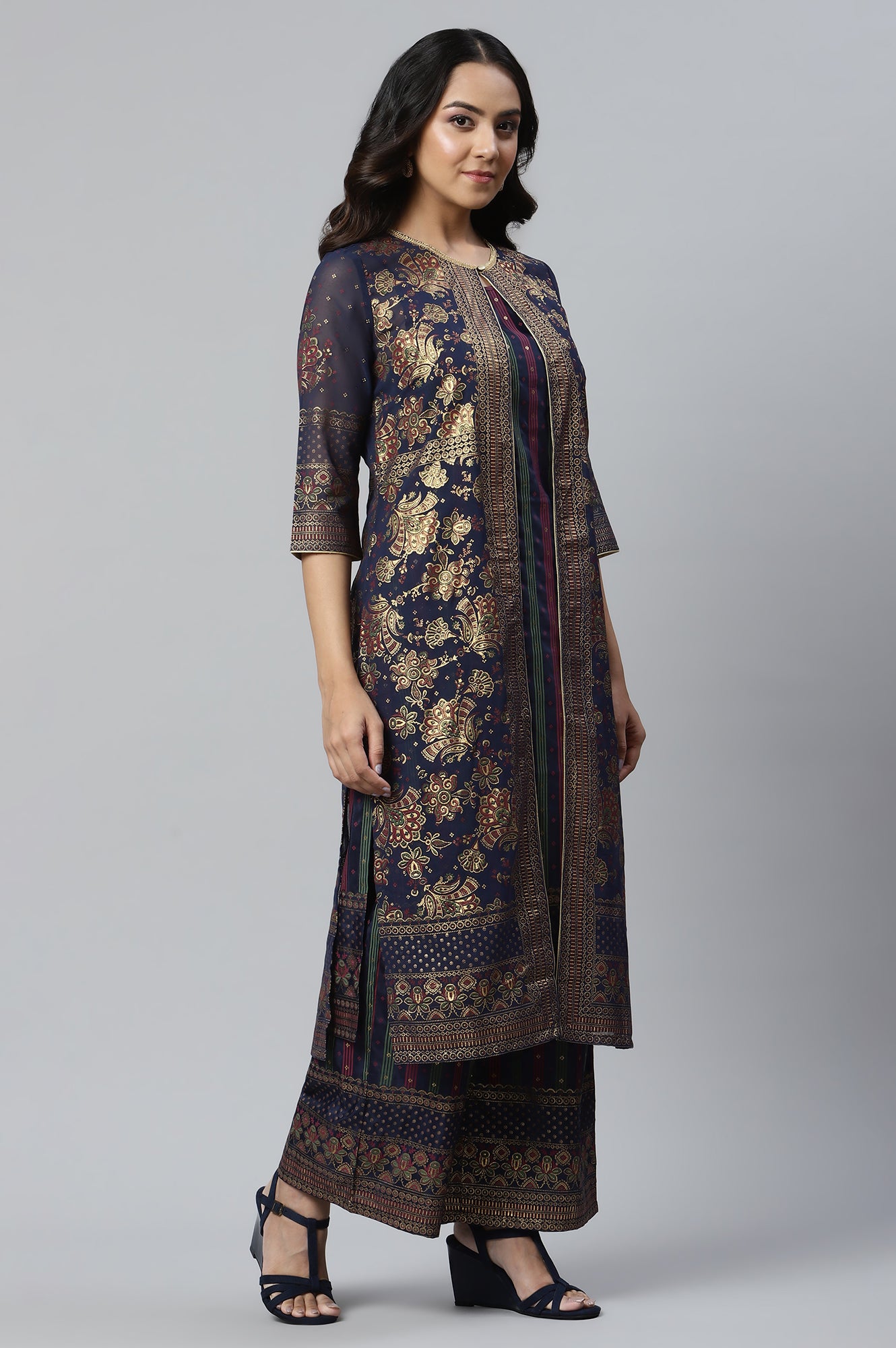 Dark Blue Printed Gillet with Sleeveless kurta and Parallel Pants