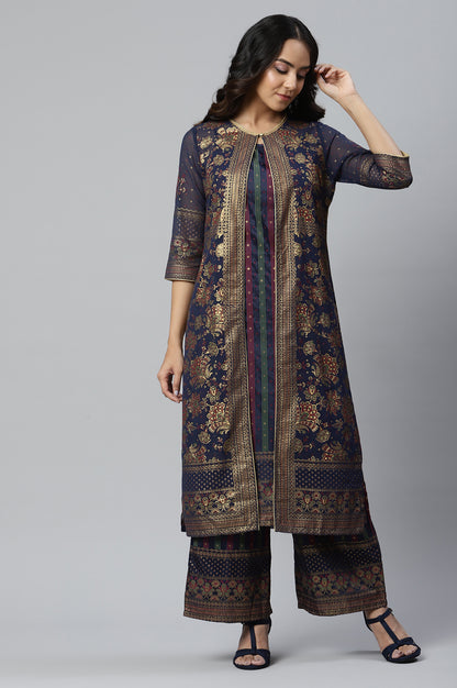 Dark Blue Printed Gillet with Sleeveless kurta and Parallel Pants