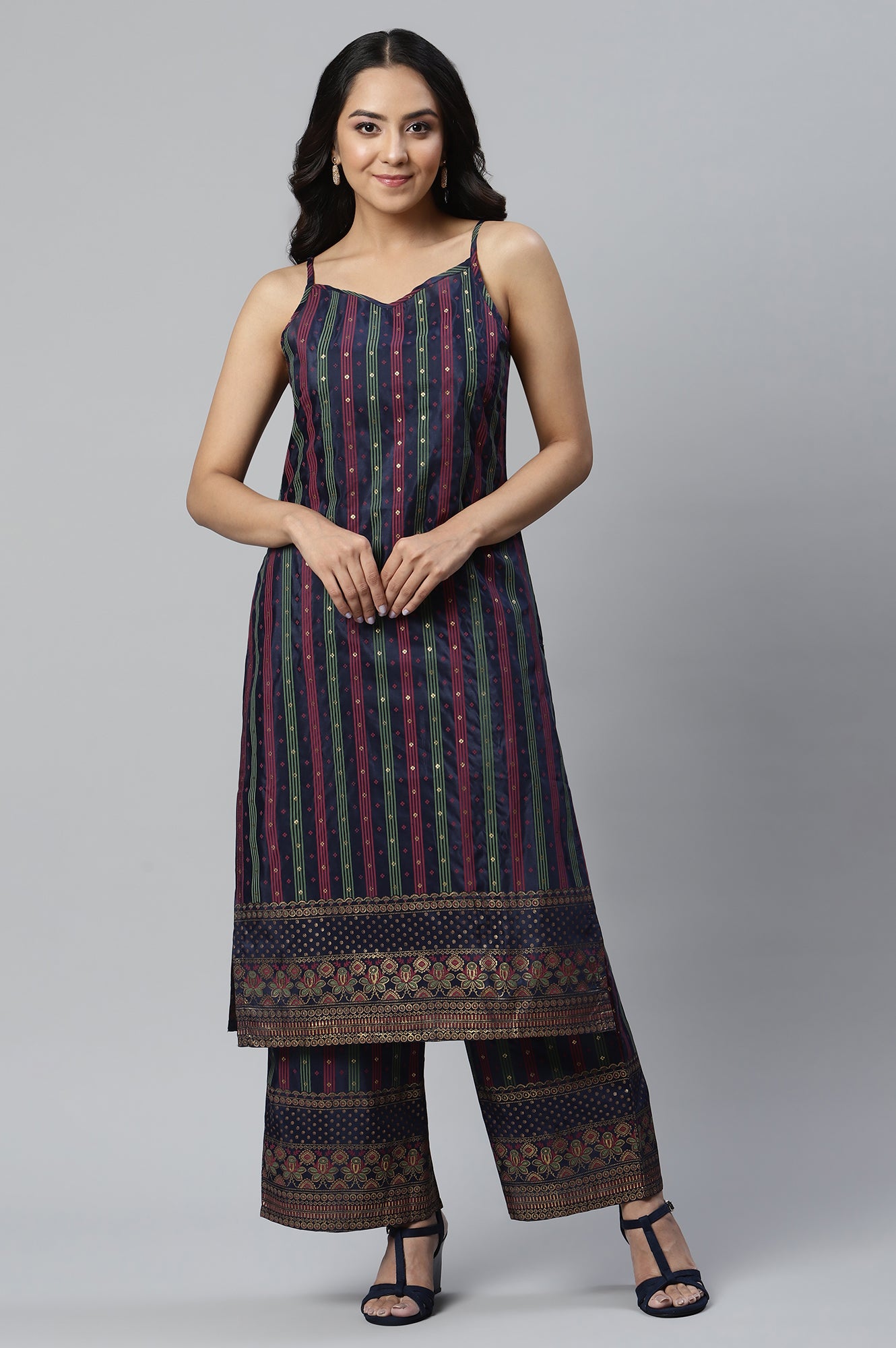 Dark Blue Printed Gillet with Sleeveless kurta and Parallel Pants